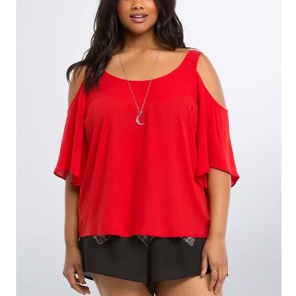 Torrid Georgette Cold Shoulder Top Flowy Blouse Size 3 Plus Size 3X  22-24 Red - Picture 1 of 11